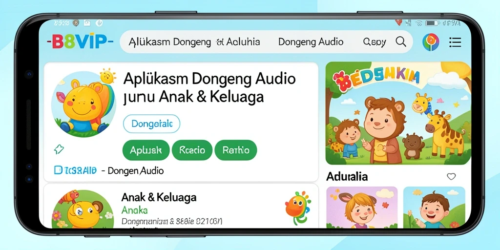 Tampilan antarmuka B8VIP yang ramah anak saat mendengarkan dongeng.