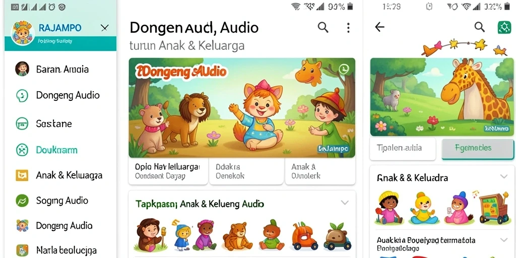 Tampilan antarmuka aplikasi RAJAMPO untuk Dongeng Audio.